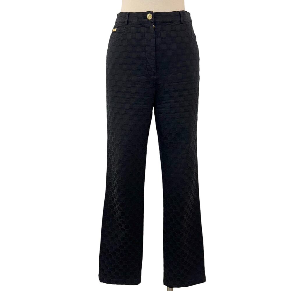 St. John Monogram Logo Stretch Denim Pants Black Jacquard | Size 6